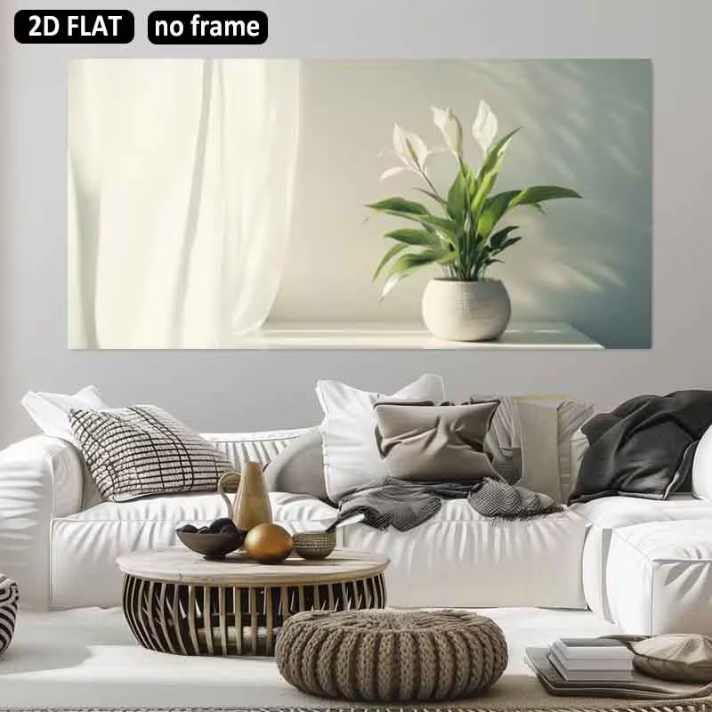 Peace Lily White - (1枚、フレームなし)2Dフラット、2Dフラット1枚 31.49X62.99インチ 80X160cm フレームなし大型キャンバスプリント 白い鉢に入った平和のユリ ホームデコレーション