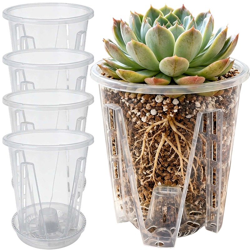 Plant Parent - 透明な花鉢トレイ付き根制御プランター透明プラスチック製蘭用容器通気性のある排水穴付きデスクバルコニー用